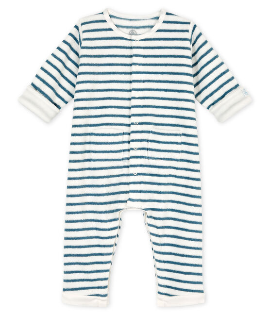 Tutina lunga a righe bebè in spugna bouclette grattata, super calda bianco MARSHMALLOW/blu ASTRO