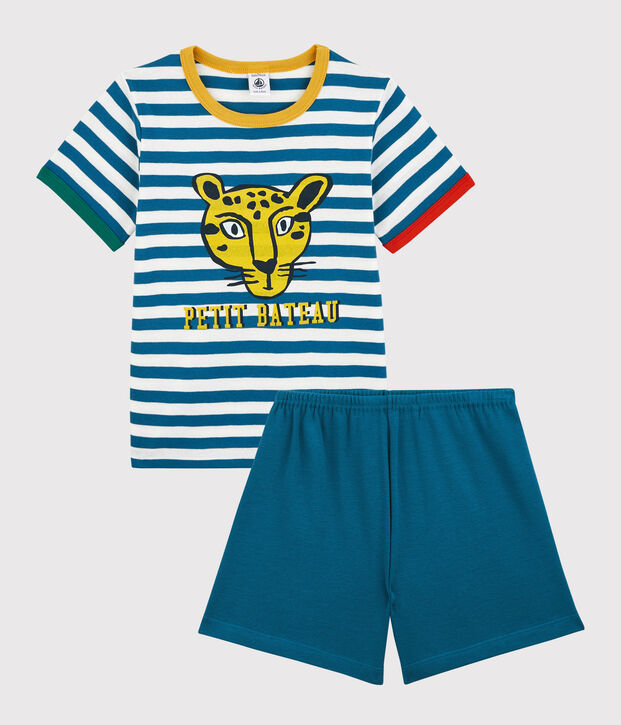 Pigiama corto bambino a righe in cotone blu/bianco