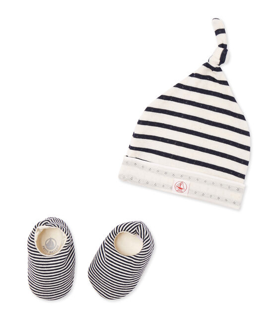 Coordinato cappellino nascita e calzine per bebè beige COQUILLE/blu SMOKING