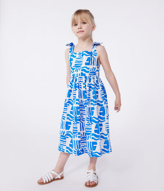 Abito lungo con spalline in cotone stampato bambina blu MARSHMALLOW/ PORCELANA