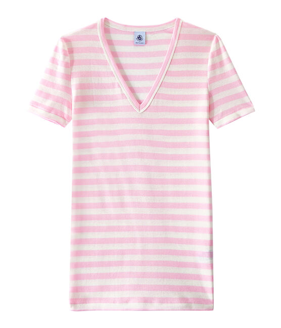 T-shirt donna scollo V in costina originale 1x1 rigata rosa BABYLONE/bianco MARSHMALLOW