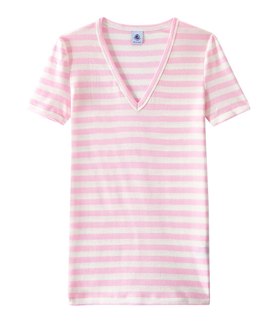 T-shirt donna scollo V in costina originale 1x1 rigata rosa BABYLONE/bianco MARSHMALLOW