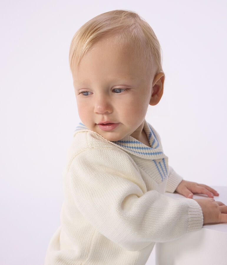 Cardigan neonato in cotone con scollo a scialle a righe ecru MILK