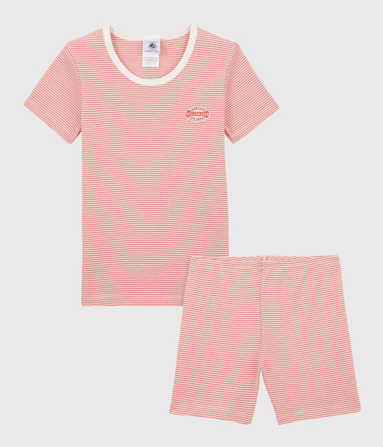 Pigiama corto millerighe rosa bambina in cotone biologico rosa PAPAYE/ MARSHMALLOW