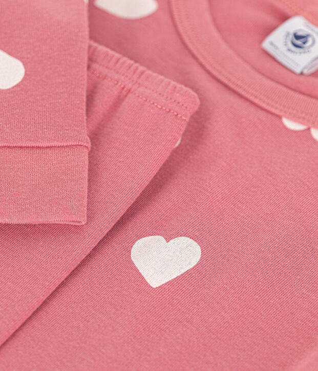 Pigiama aderente in cotone con stampa a cuori bambino rosa/ecru