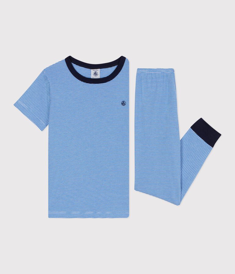 Pigiama a maniche corte e gamba lunga in cotone a righe bambino DELPHINIUM/ MARSHMALLOW