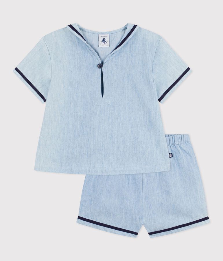 Completo neonato 2 pezzi in chambray con T-shirt con colletto alla marinara blu BLEU CLAIR