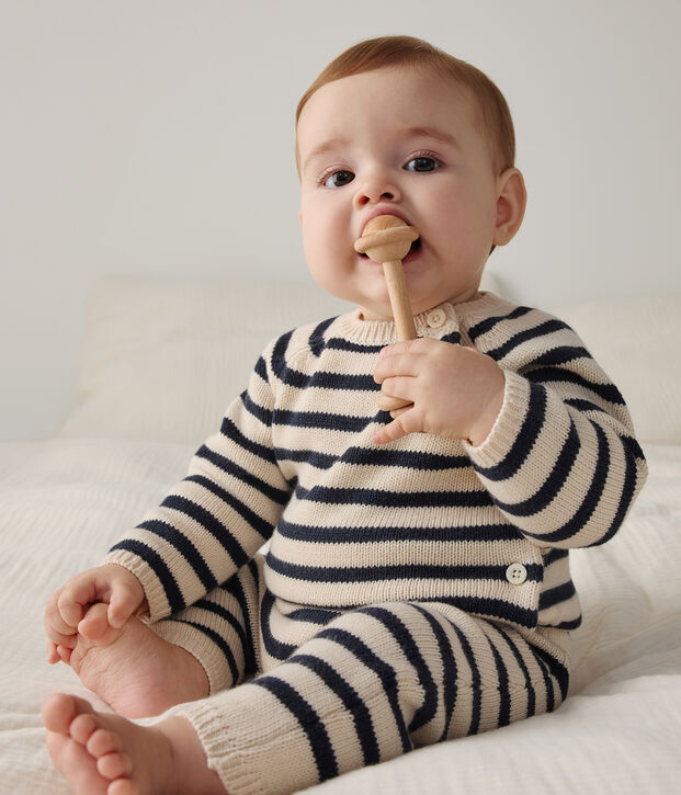 Completo in tricot di lana e cotone a righe marini&egrave;re per beb&egrave; ecru/blu