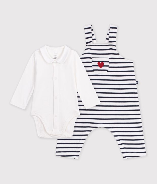 Set salopette e body in cotone a righe con colletto neonato bianco/blu
