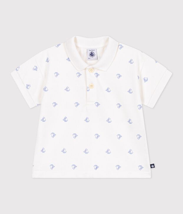 Polo a maniche corte in cotone con barchette vintage stampate neonato bianco/blu
