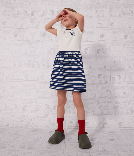 Abito manica corta in cotone bambina blu MEDIEVAL/bianco MARSHMALLOW
