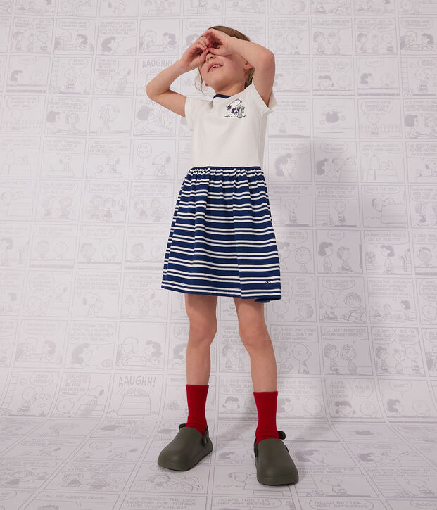 Abito manica corta in cotone bambina blu/bianco