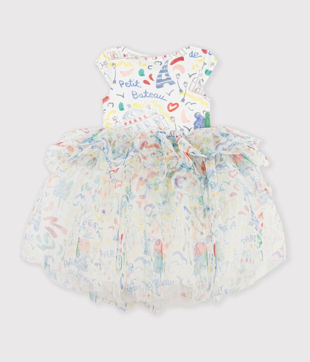 Abito a maniche corte in cotone e tulle con stampa bambina bianco/multicolore