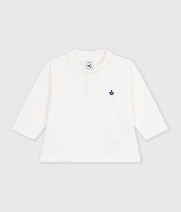 Polo a maniche lunghe in cotone tinta unita neonato bianco