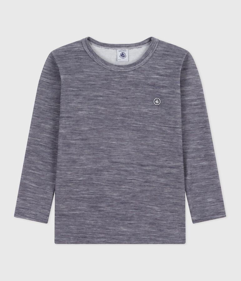 T-shirt a maniche lunghe in misto lana e cotone a righe bambino blu/bianco