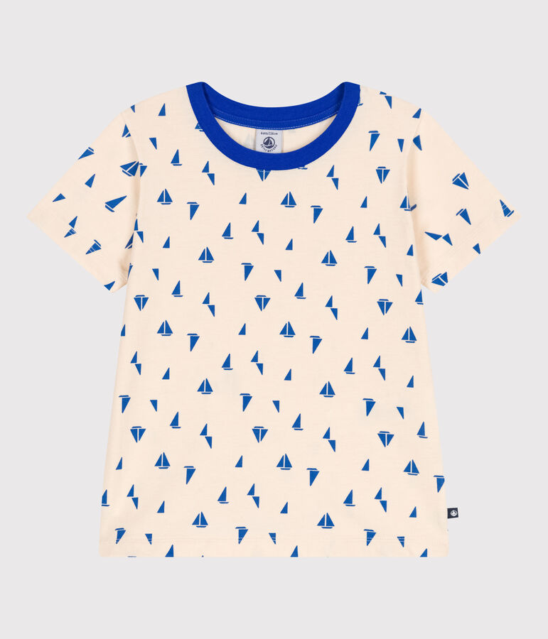 T-shirt a maniche corte in cotone con stampa bambino ecru/blu