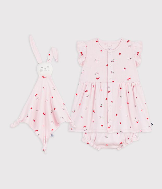 Set regalo con abito e doudou in cotone con stampa a fiori neonata rosa/multicolore
