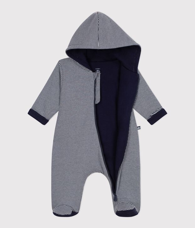 Tutina imbottita con cappuccio e piedini a righe neonato blu/bianco