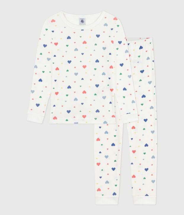 Pigiama per bambini in cotone con stampa a cuore, molto aderente bianco/multicolore