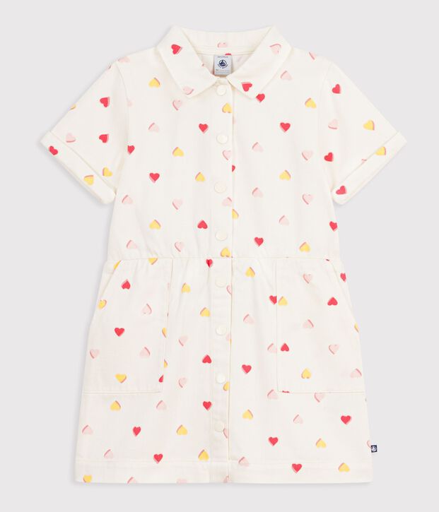 Abito a maniche corte in cotone con stampa a cuori bambina ecru/multicolore