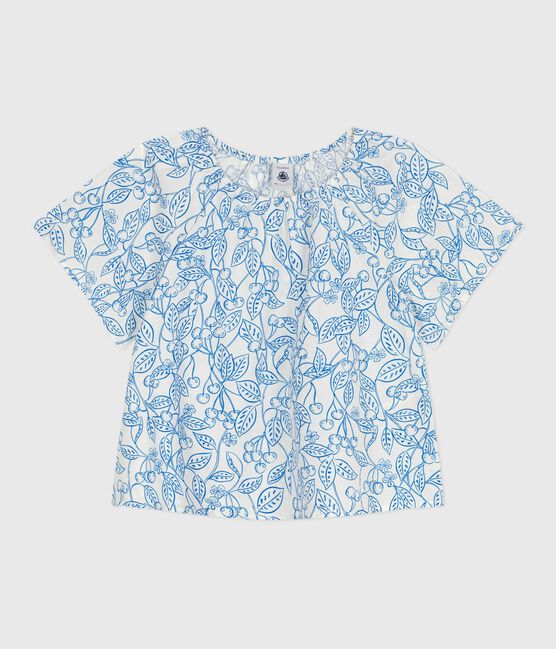 Blusa bambina a maniche corte in cotone con ciliegie stampate blu MARSHMALLOW/ PORCELANA