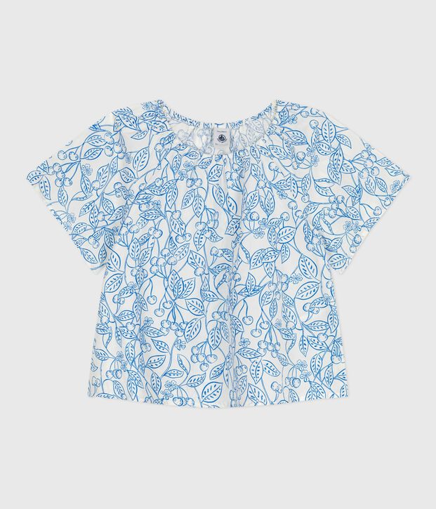 Blusa bambina a maniche corte in cotone con ciliegie stampate blu/blu
