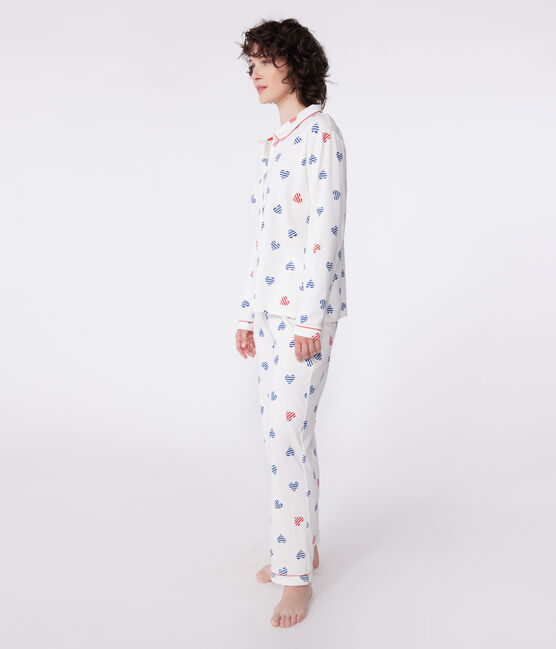 Pigiama da donna in cotone con bottoni e stampa a cuore bianco MARSHMALLOW/bianco MULTICO