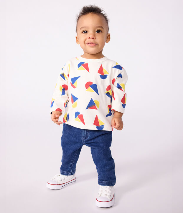 T-shirt a maniche lunghe in cotone con barche stampate neonato ecru/multicolore