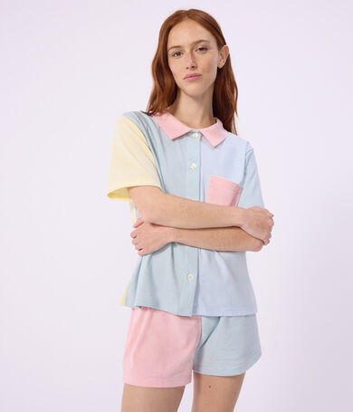 Pigiama con pantalonicini da donna in cotone a righe e bottoni sul davanti