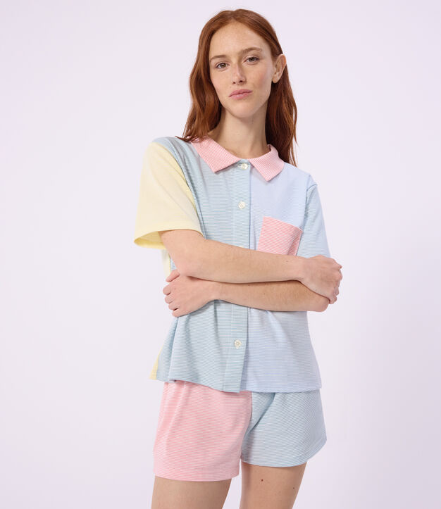 Pigiama con pantalonicini da donna in cotone a righe e bottoni sul davanti bianco/multicolore