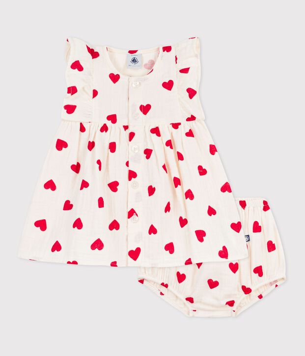Abito e bloomer abbinato in cotone con stampa a cuori neonata rosso/rosso