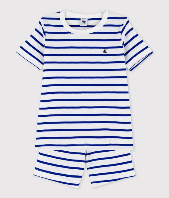 Pigiama corto bambino a righe in cotone bianco MARSHMALLOW/blu SURF