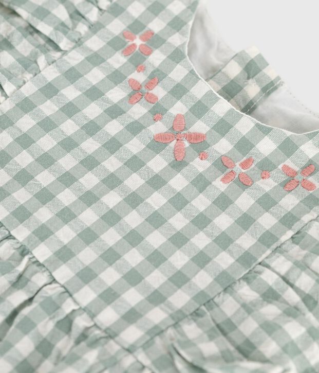 Pagliaccetto neonato senza maniche con stampa a quadretti vichy e scollo ricamato verde/bianco