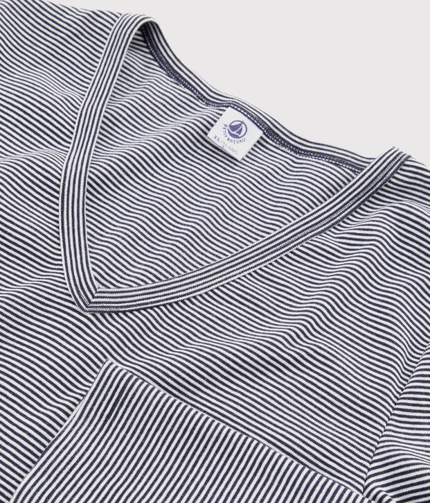 T-shirt scollo a V iconica in cotone a righe Donna blu/bianco