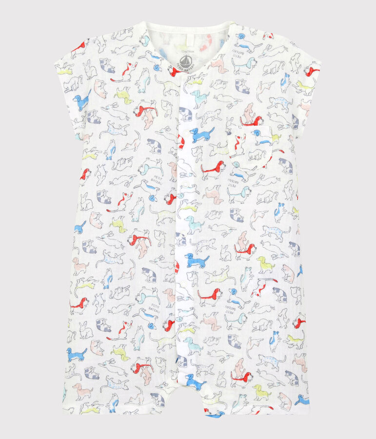 Tuta corta cuccioli colorati beb&egrave; in tessuto goffrato di cotone biologico bianco/multicolore