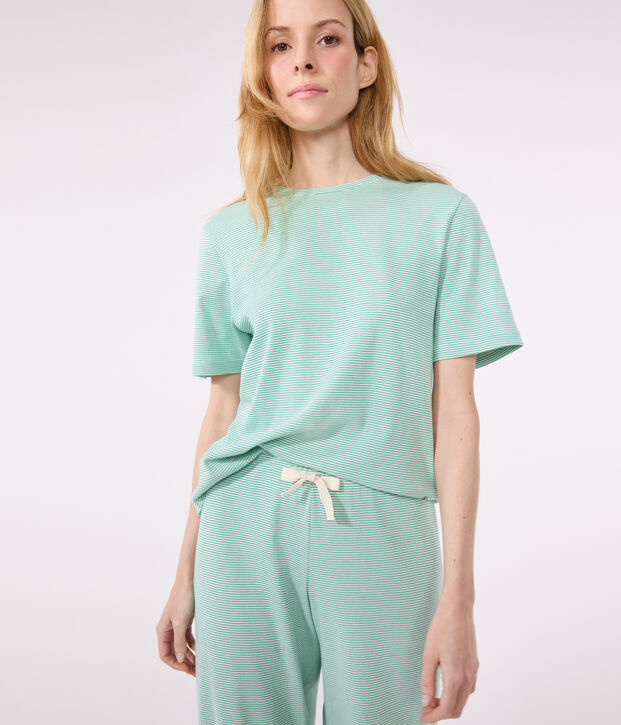 Pigiama in cotone a righe con gamba ampia donna verde/bianco