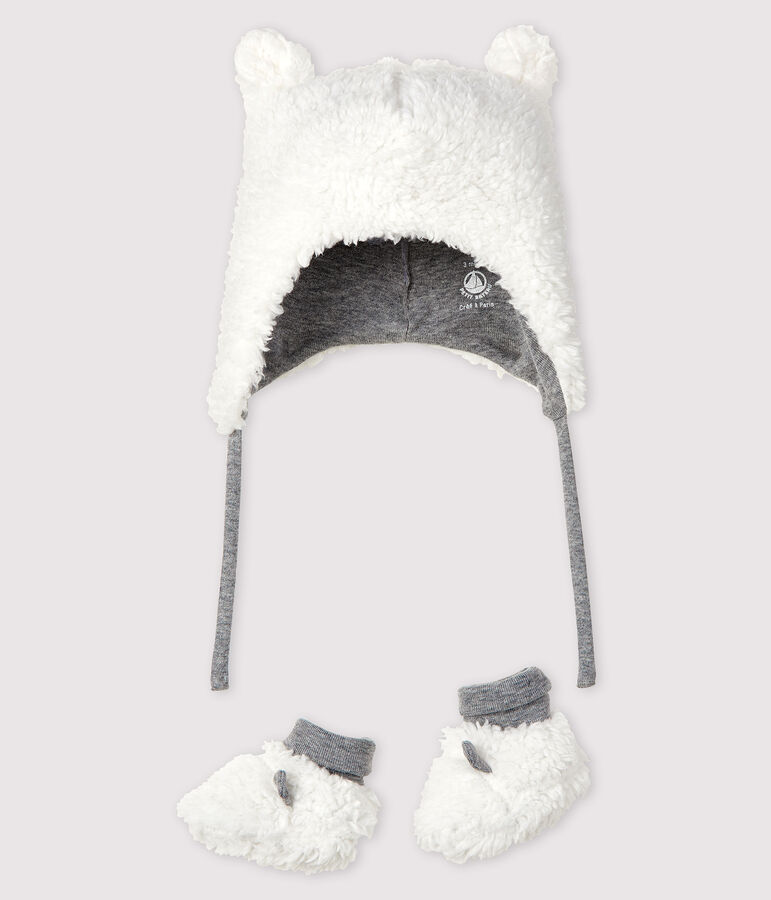 Confezione cappellino nascita e babbucce beb&egrave; in sherpa variante 1