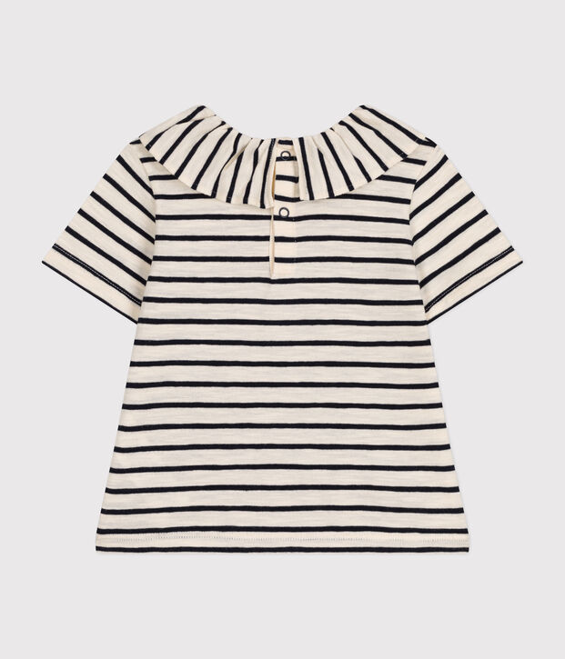 Blusa beb&egrave; a maniche corte in jersey ecru/blu