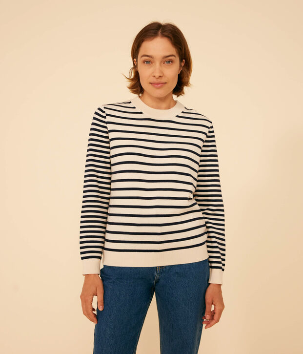 Maglione in cotone marini&egrave;re Donna ecru/blu
