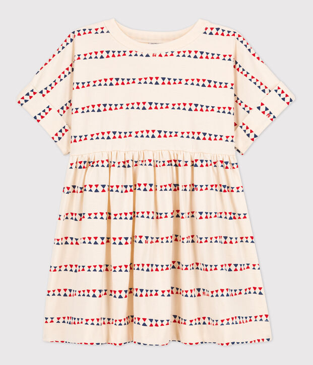Abito bambina a maniche corte in cotone stampato ecru/multicolore