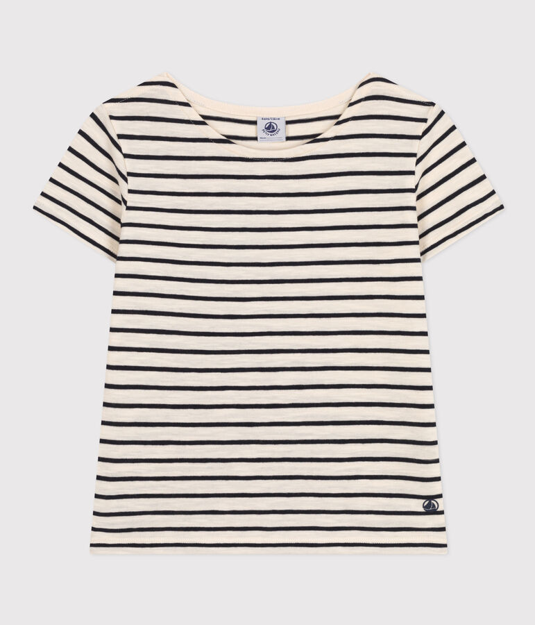 T-shirt a righe in jersey fiammato bambina ecru/blu