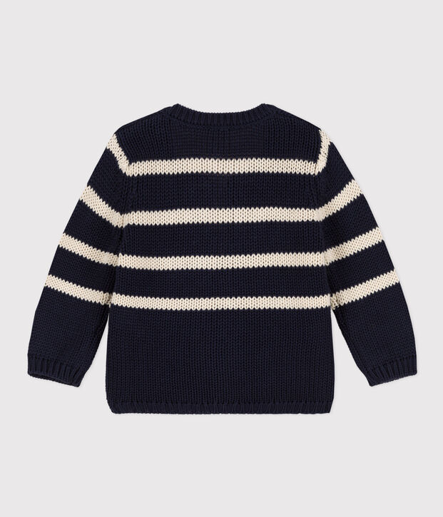 Cardigan beb&egrave; in maglia di cotone a righe blu/ecru