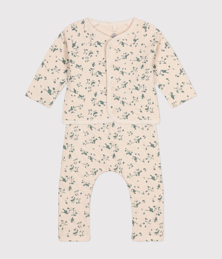 Completo due pezzi beb&egrave; in tubique trapuntato ecru/verde