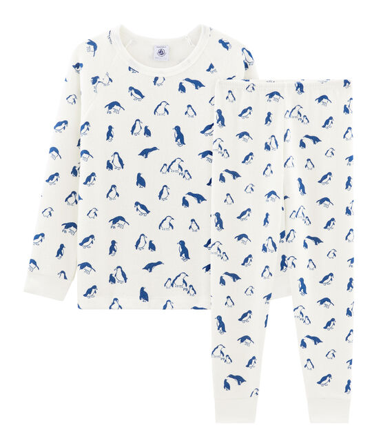Pigiama unisex in spugna bouclette grattata, super calda bianco MARSHMALLOW/blu MAJOR