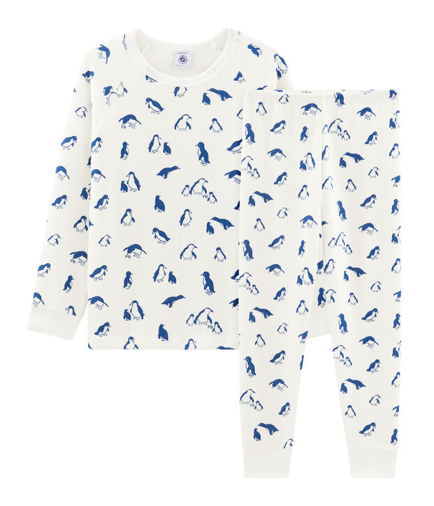Pigiama unisex in spugna bouclette grattata, super calda bianco/blu
