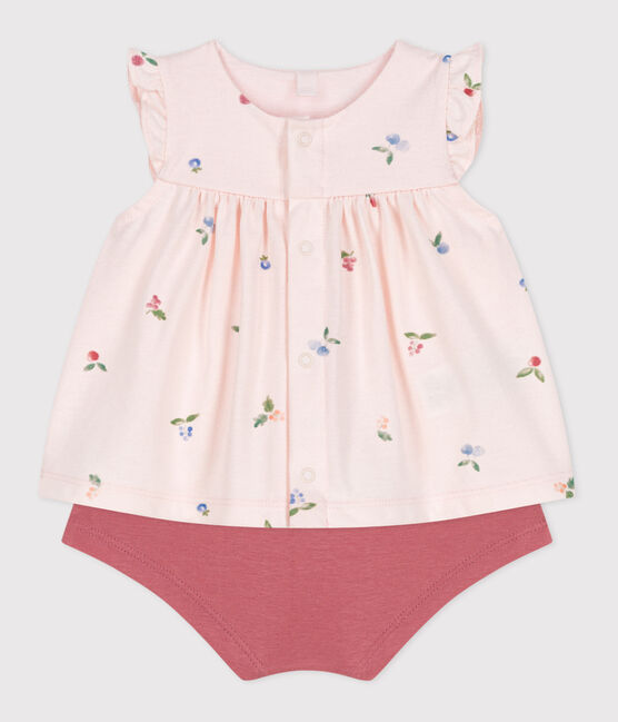 Completo nascita due pezzi in cotone con blusa a volant rosa FLEUR/bianco MULTICO
