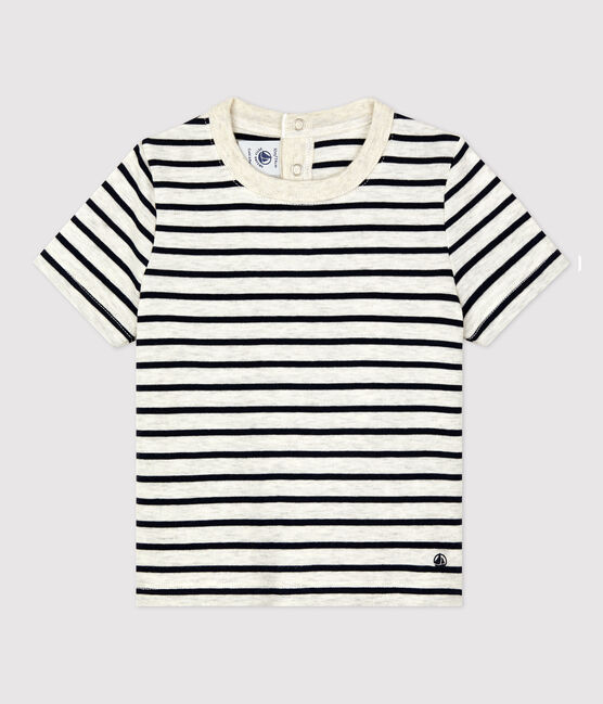T-shirt bebè a maniche corte in cotone a righe beige MONTELIMAR/blu SMOKING