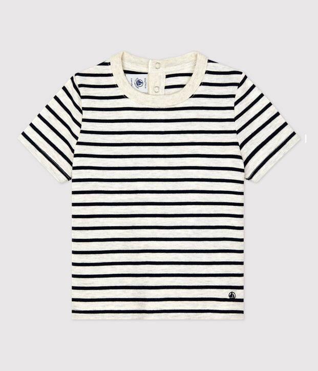 T-shirt beb&egrave; a maniche corte in cotone a righe beige/blu
