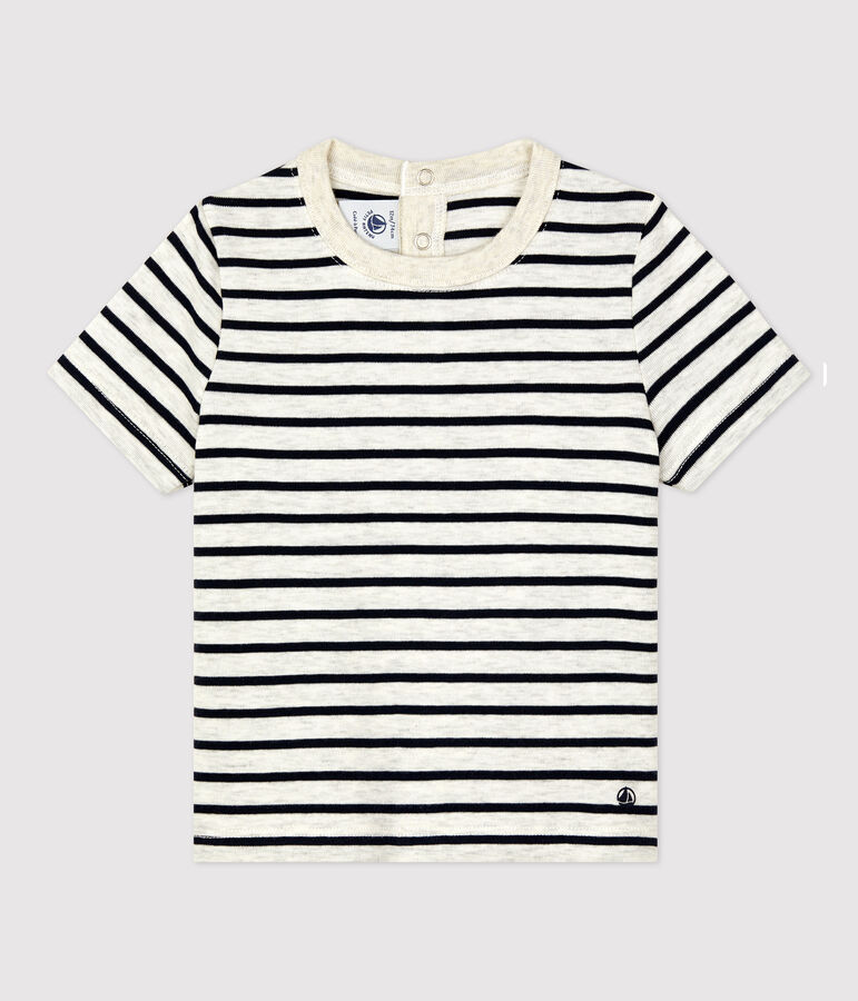 T-shirt beb&egrave; a maniche corte in cotone a righe beige/blu