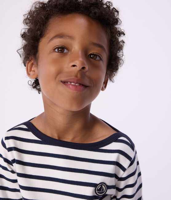 Marinière bambina/bambino in cotone biologico bianco MARSHMALLOW/blu SMOKING